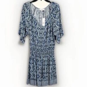 Michael Stars Blue Avery Peasant Dress V-Neck Short Sleeve Bohemian Size Large